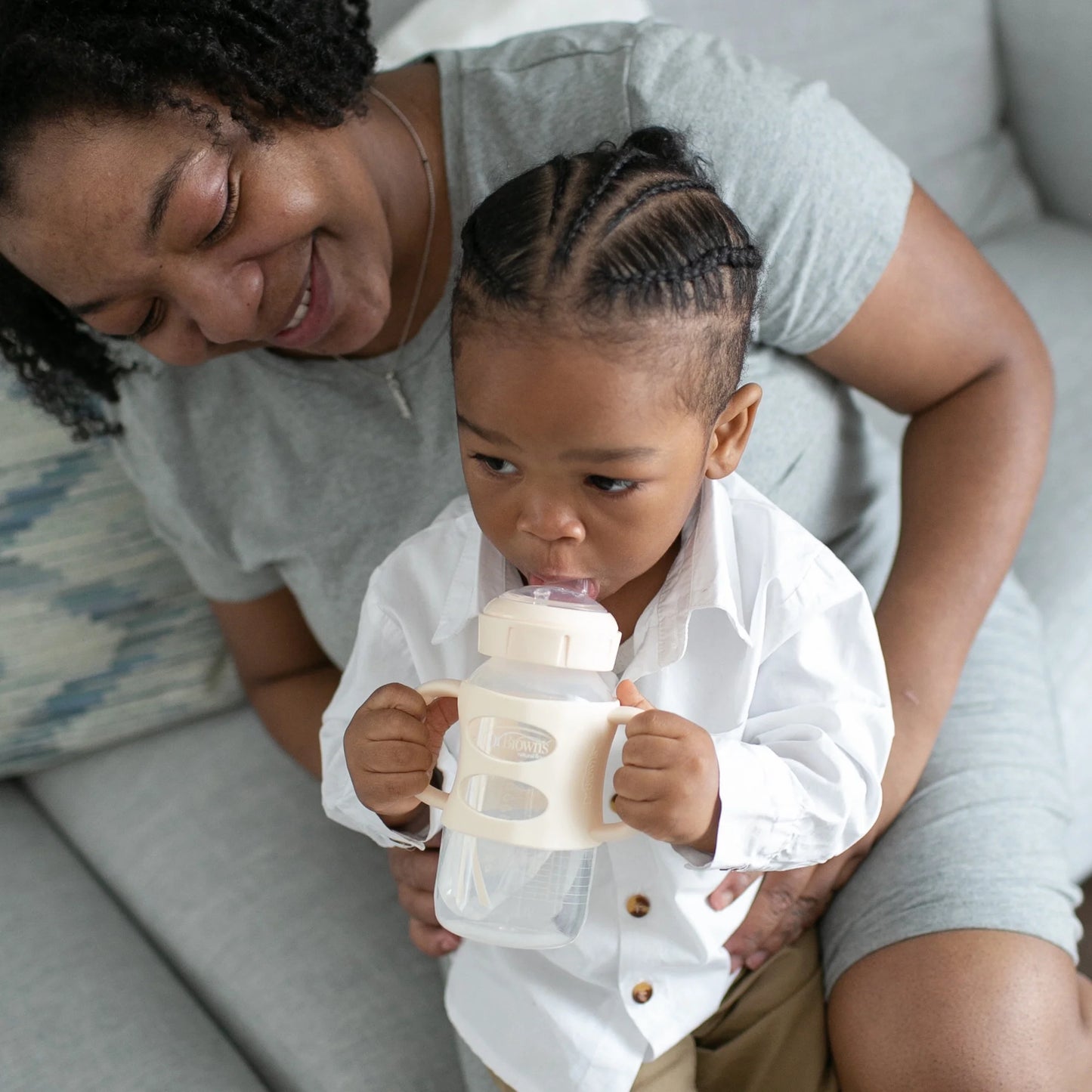 Dr. Brown’S® Milestones™ Wide-Neck Sippy Bottle with 100% Silicone Handles, Easy-Grip Bottle with Soft Sippy Spout, 9Oz/270Ml, 6M+, Black and Ecru, 2-Pack, BPA Free