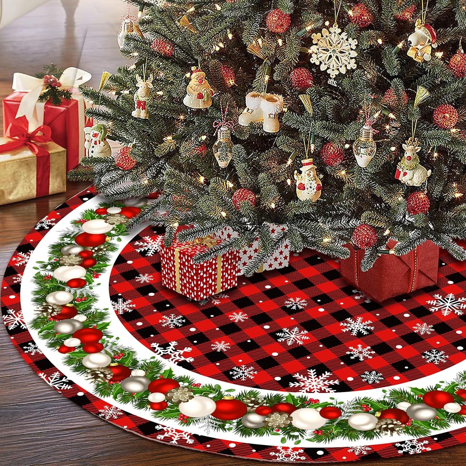 36 Inch Christmas Tree Skirt Red and Black Buffalo Plaid Christmas Tree Skirt,Christmas Tree Skirt Snowflake Bells Decoration, Christmas and New Year'S Eve Holiday Party Outdoor Decoration