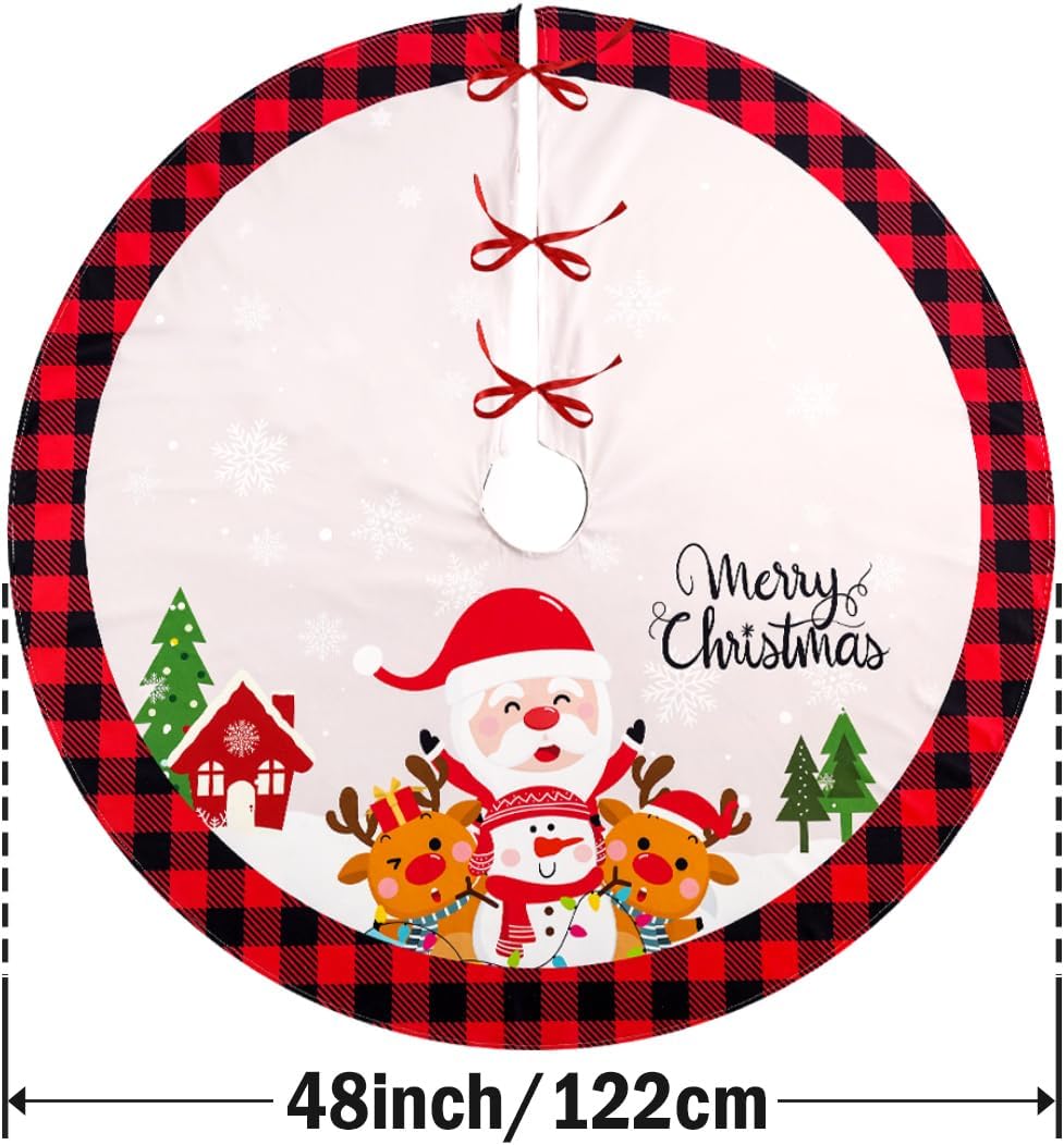 Christmas Tree Skirt, 48 Inches Red Black Buffalo Plaid Tree Skirt Rustic Thick Xmas Tree Skirt with Snowflake Santa Claus Xmas Ornaments Perfect for Christmas Decoration and New Year Holiday Party