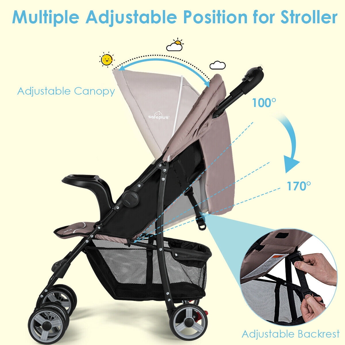 Foldable Lightweight Baby Stroller Kids Travel Pushchair 5-Point Safety System Coffee