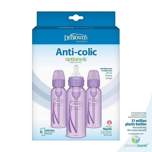 Natural Flow Anti-Colic Options+ Narrow Baby Bottle, 8 Oz/250 Ml, with Level 1 Slow Flow Nipple, Purple, 0M+, 3 Pack