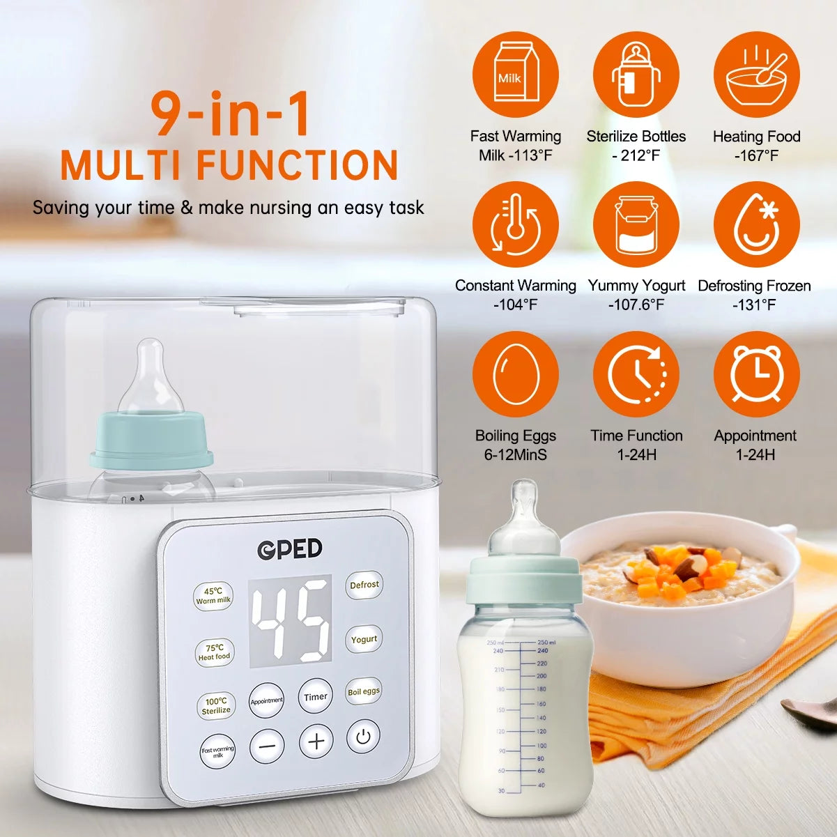 Baby Bottle Warmer, 9-In-1 Fast Food Heater & Defrost, Double Bottle Warmer with Appointment &Timer, 24H Accurate Temperature Control for Breastmilk & Formula Bpa-Free/Lcd Display