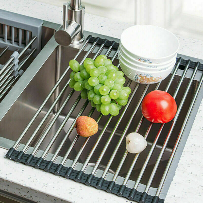 Kitchen Stainless Steel Sink Drain Rack Roll up Dish Drying Drainer Mat