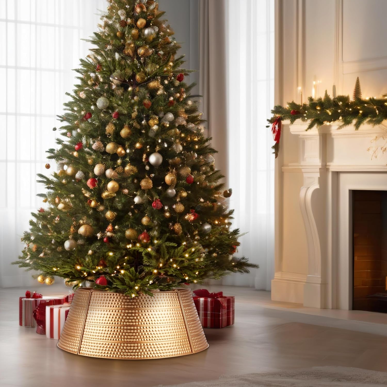 Christmas Tree Collar Xmas Tree Base Christmas Tree Collars for Artificial Trees Xmas Tree Base Cover Tree Skirt for 23 Ft Tree Collar Metal Xmas Tree Ring Christmas Tree Box Stand Gold Hammered