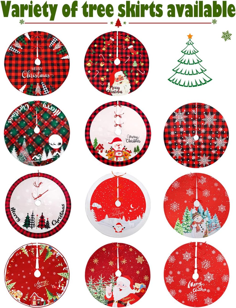 Christmas Tree Skirt, 48 Inches Red Black Buffalo Plaid Tree Skirt Rustic Thick Xmas Tree Skirt with Snowflake Santa Claus Xmas Ornaments Perfect for Christmas Decoration and New Year Holiday Party