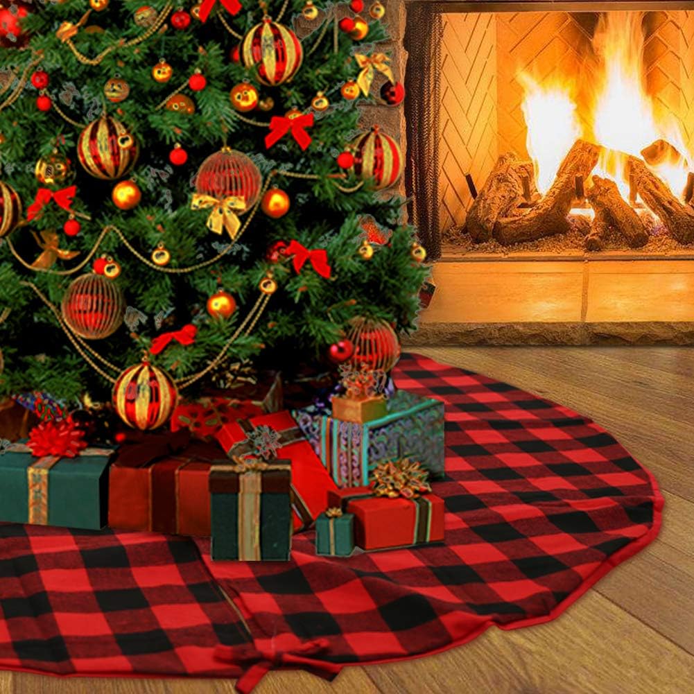 48 Inch Buffalo Plaid Christmas Tree Skirt Large Black and White Buffalo Plaid Double Layers Tree Skirt for Holiday Christmas Decorations