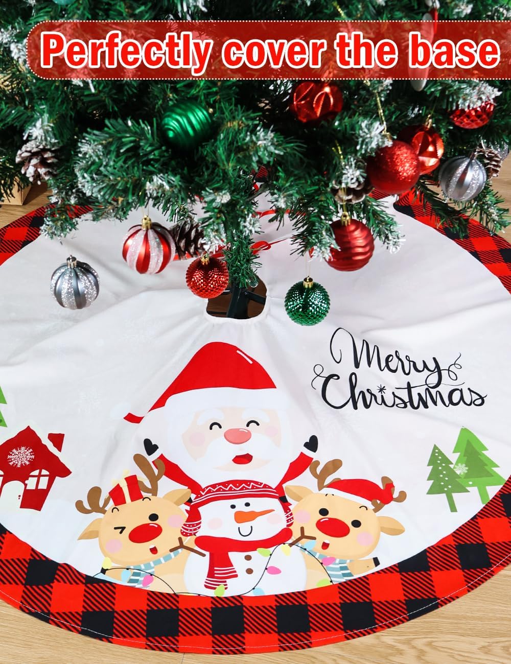 Christmas Tree Skirt, 48 Inches Red Black Buffalo Plaid Tree Skirt Rustic Thick Xmas Tree Skirt with Snowflake Santa Claus Xmas Ornaments Perfect for Christmas Decoration and New Year Holiday Party