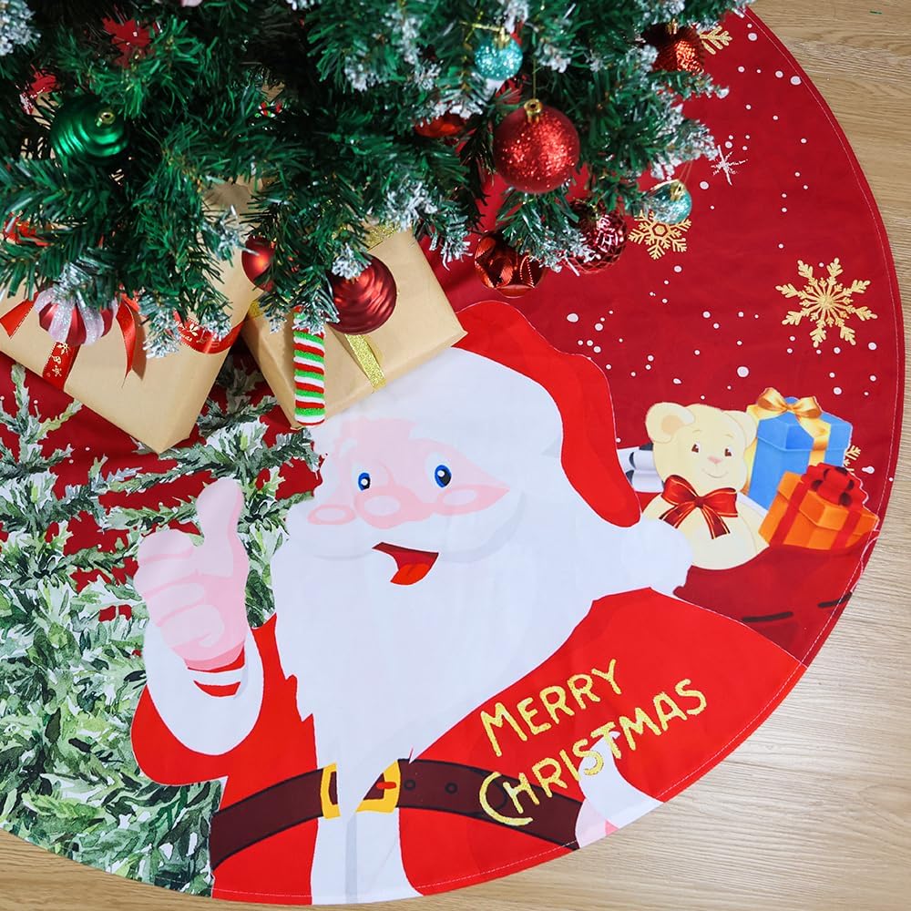 Christmas Tree Skirt, 48 Inches Red Black Buffalo Plaid Tree Skirt Rustic Thick Xmas Tree Skirt with Snowflake Santa Claus Xmas Ornaments Perfect for Christmas Decoration and New Year Holiday Party