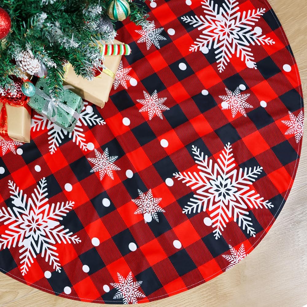 Christmas Tree Skirt, 48 Inches Red Black Buffalo Plaid Tree Skirt Rustic Thick Xmas Tree Skirt with Snowflake Santa Claus Xmas Ornaments Perfect for Christmas Decoration and New Year Holiday Party