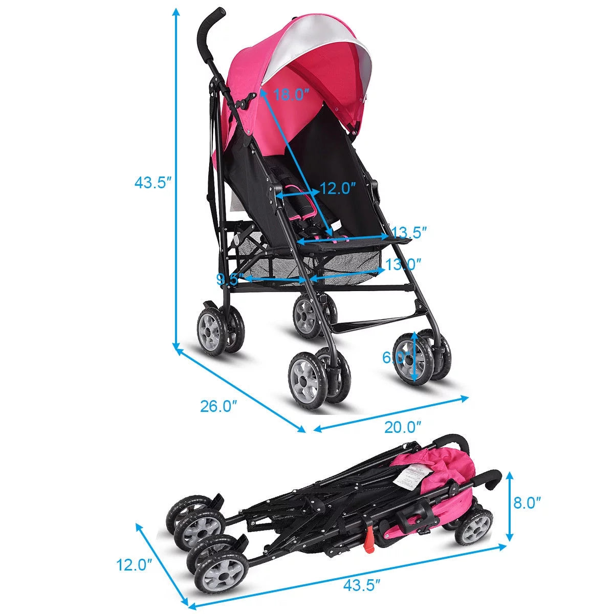 Folding Lightweight Baby Toddler Umbrella Travel Stroller with Storage Basket Pink