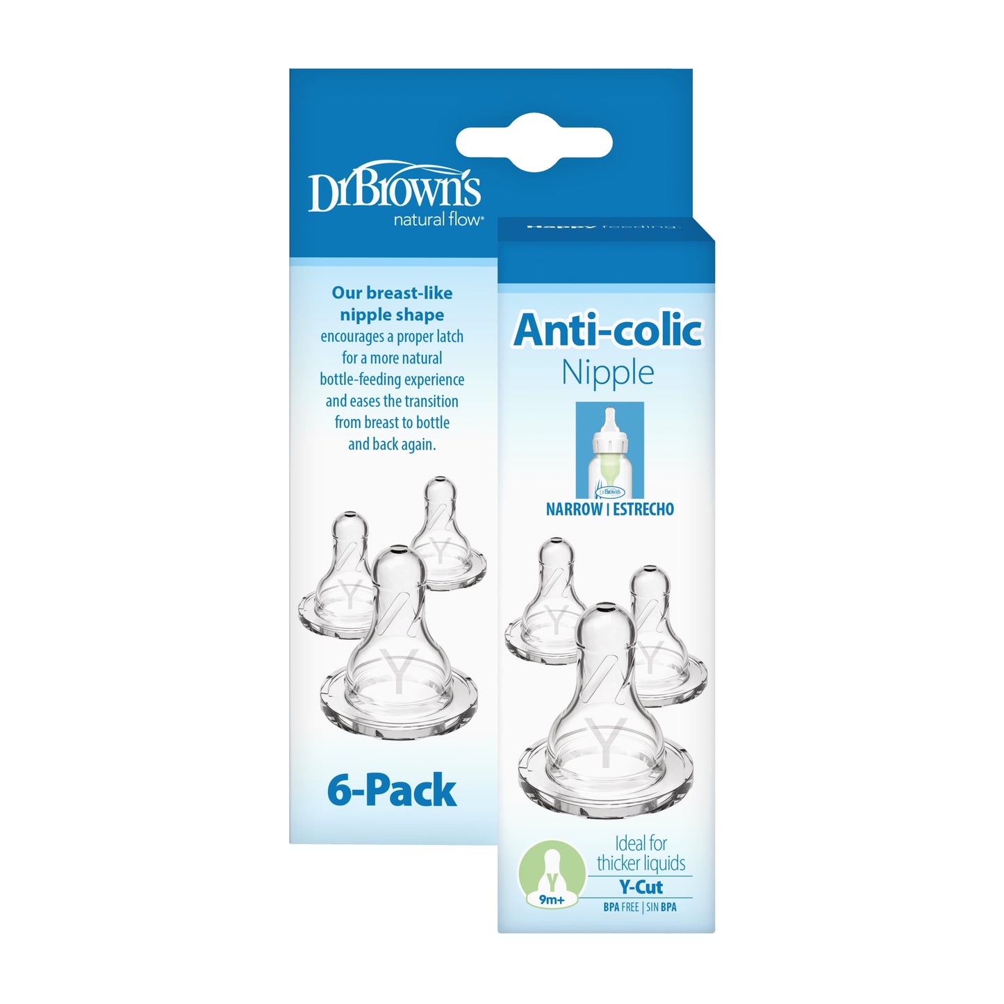 Natural Flow Y-Cut, Narrow Baby Bottle Nipple, 9M+, 100% Silicone, 6 Pack