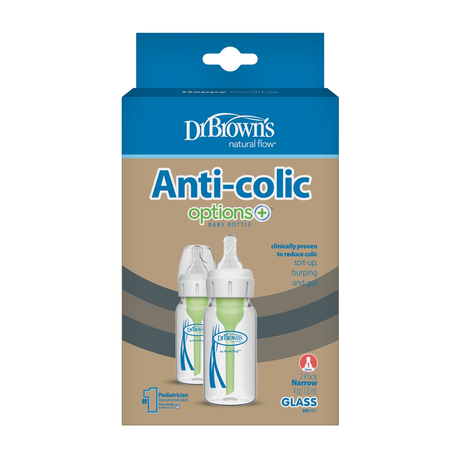 Natural Flow Anti-Colic Options+ Narrow Glass Baby Bottle, 4Oz/120Ml, Level 1 Nipples, 0M+, 2 Pack