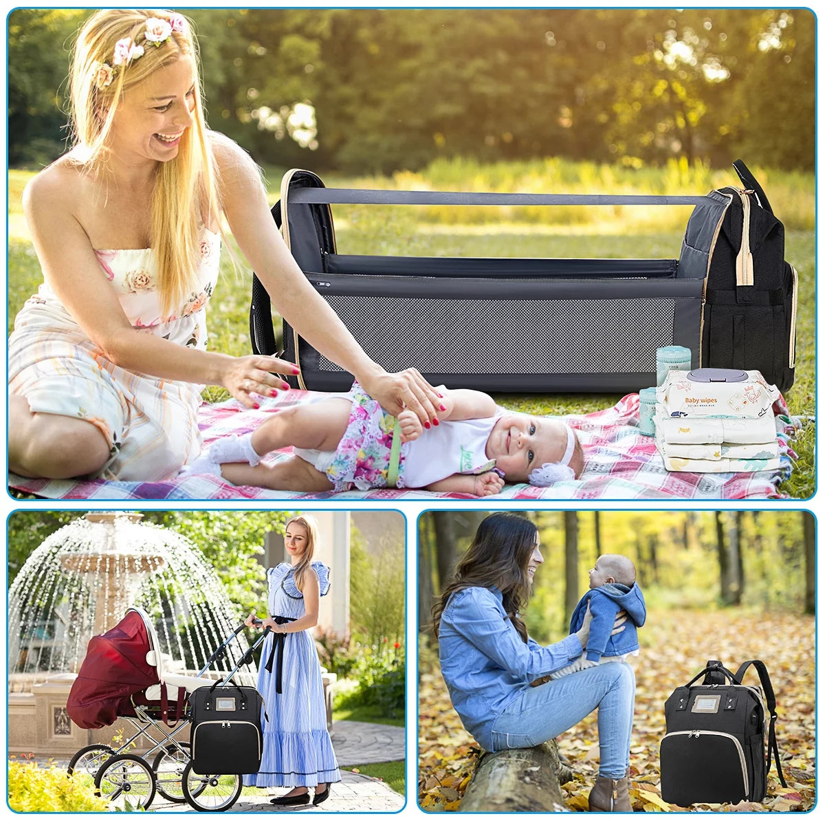 Multifunctional Baby Diaper Bag with Changing Station (Black)