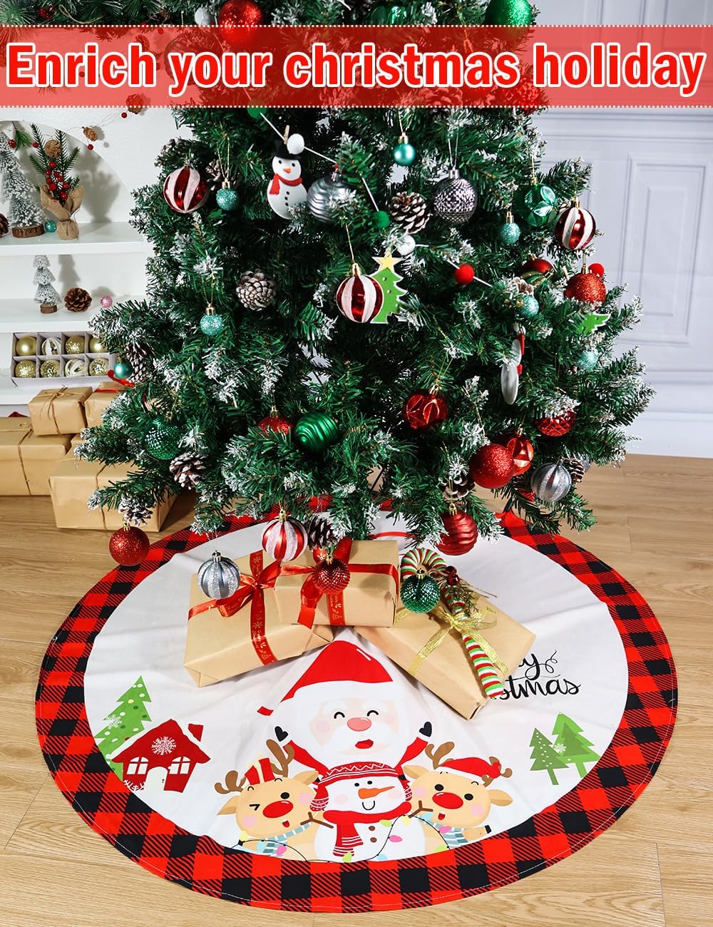 Christmas Tree Skirt, 48 Inches Red Black Buffalo Plaid Tree Skirt Rustic Thick Xmas Tree Skirt with Snowflake Santa Claus Xmas Ornaments Perfect for Christmas Decoration and New Year Holiday Party