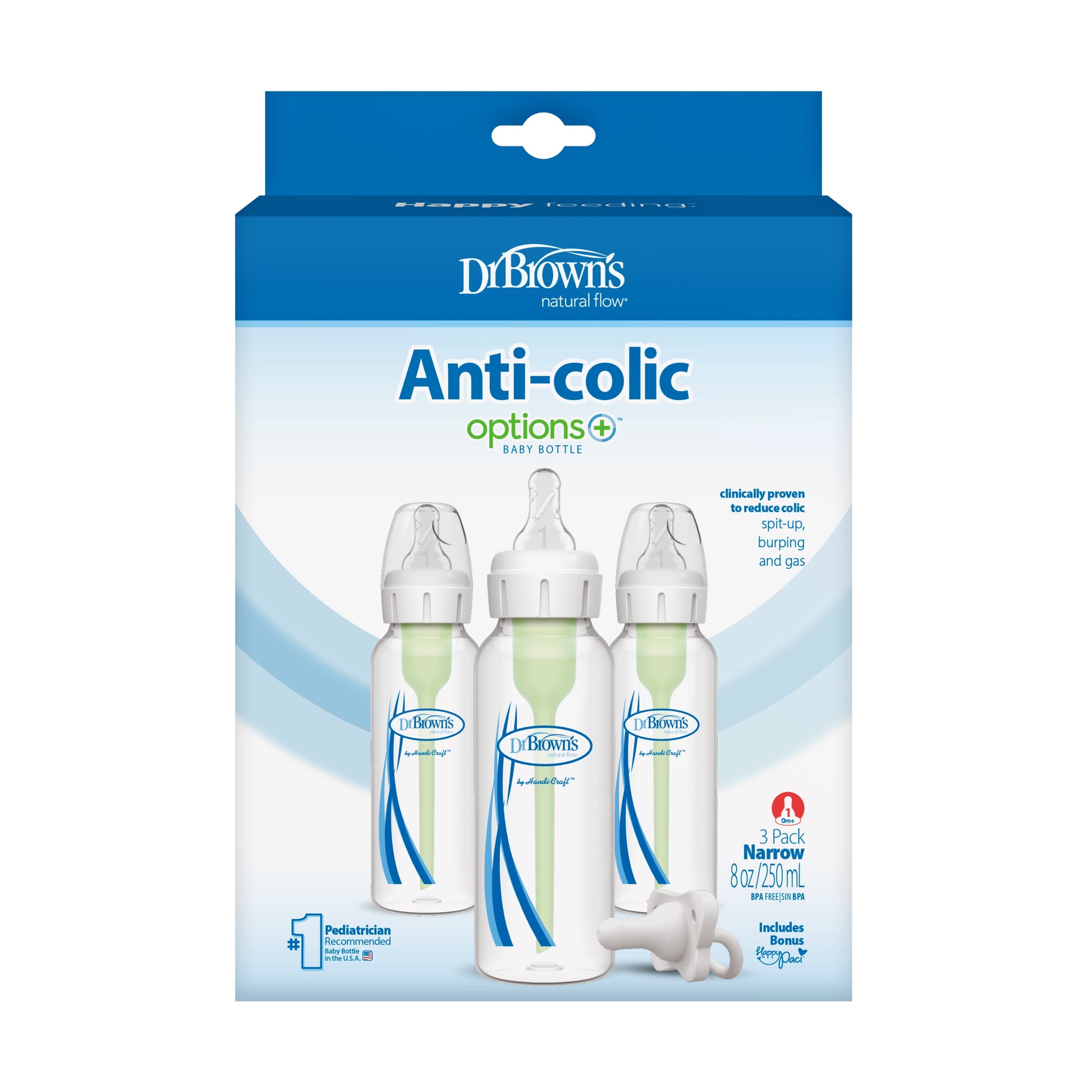 Natural Flow Anti-Colic Options+ Narrow Baby Bottle, 8Oz/250Ml, 3 Pack with Happypaci