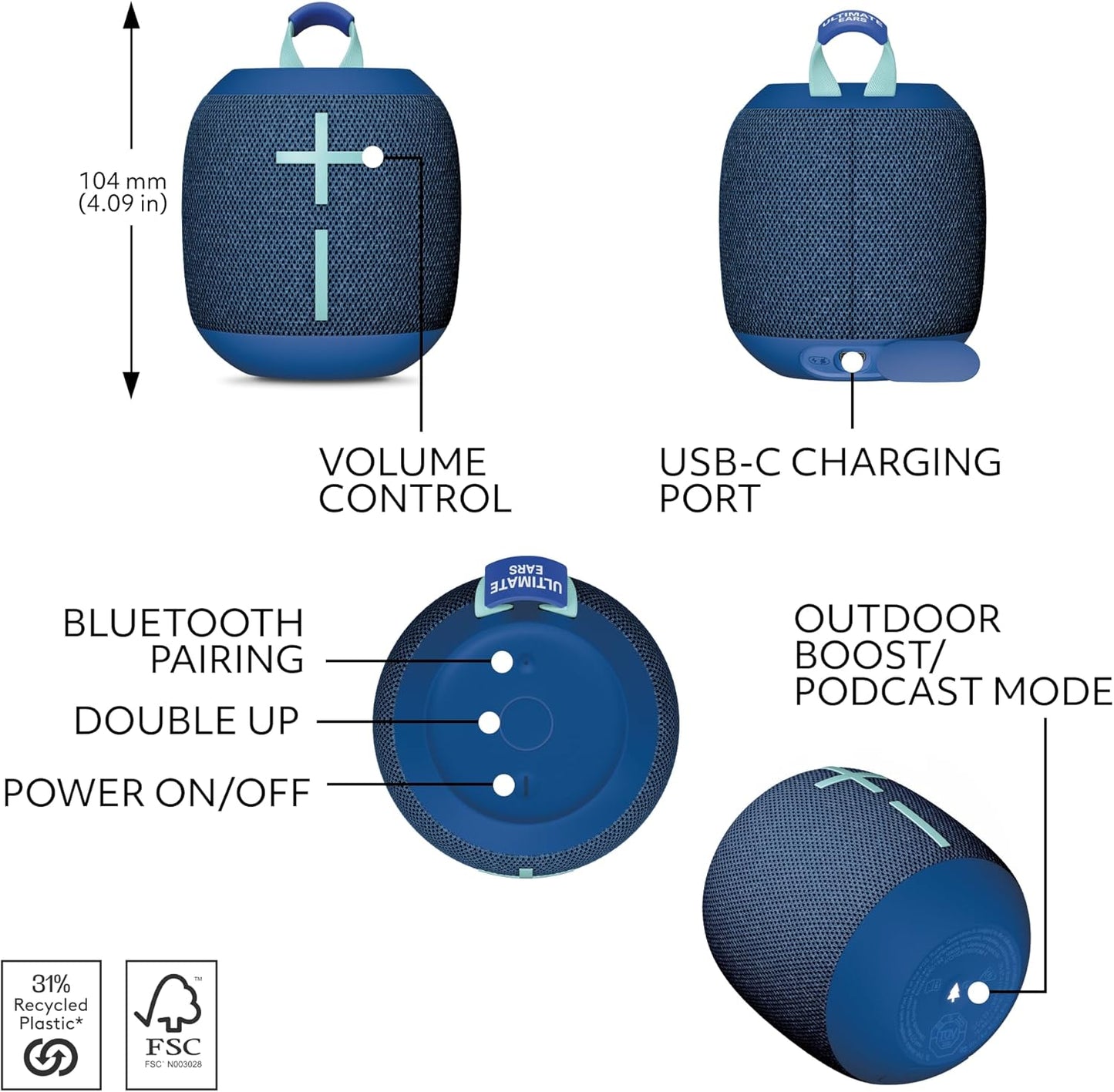 WONDERBOOM 4 Portable Waterproof Bluetooth Speaker with Big Bass and 360-Degree Sound, Dustproof Floating Speaker with 131Ft (40M) Range - Blue