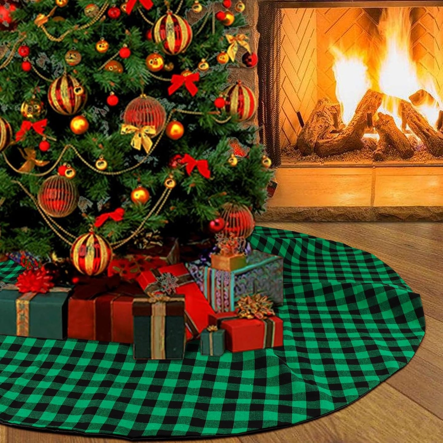 48 Inch Buffalo Plaid Christmas Tree Skirt Large Black and White Buffalo Plaid Double Layers Tree Skirt for Holiday Christmas Decorations