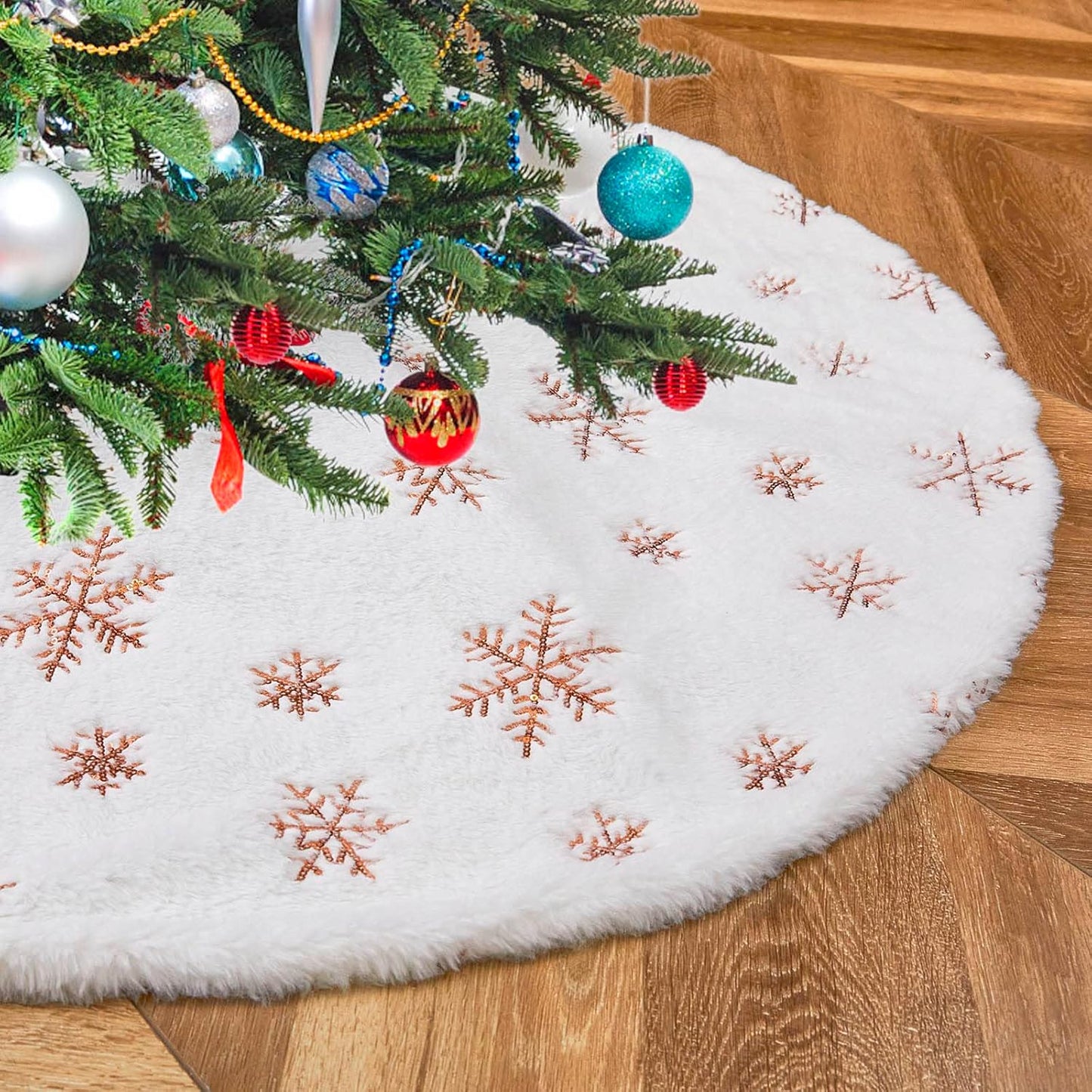 White Christmas Tree Skirt Faux Fur Tree Skirt Sequin Tree Carpet 24Inch Gold Glitter Tree Skirting Double Layers for Party Xmas Holiday Party Decorations round Tree Skirt