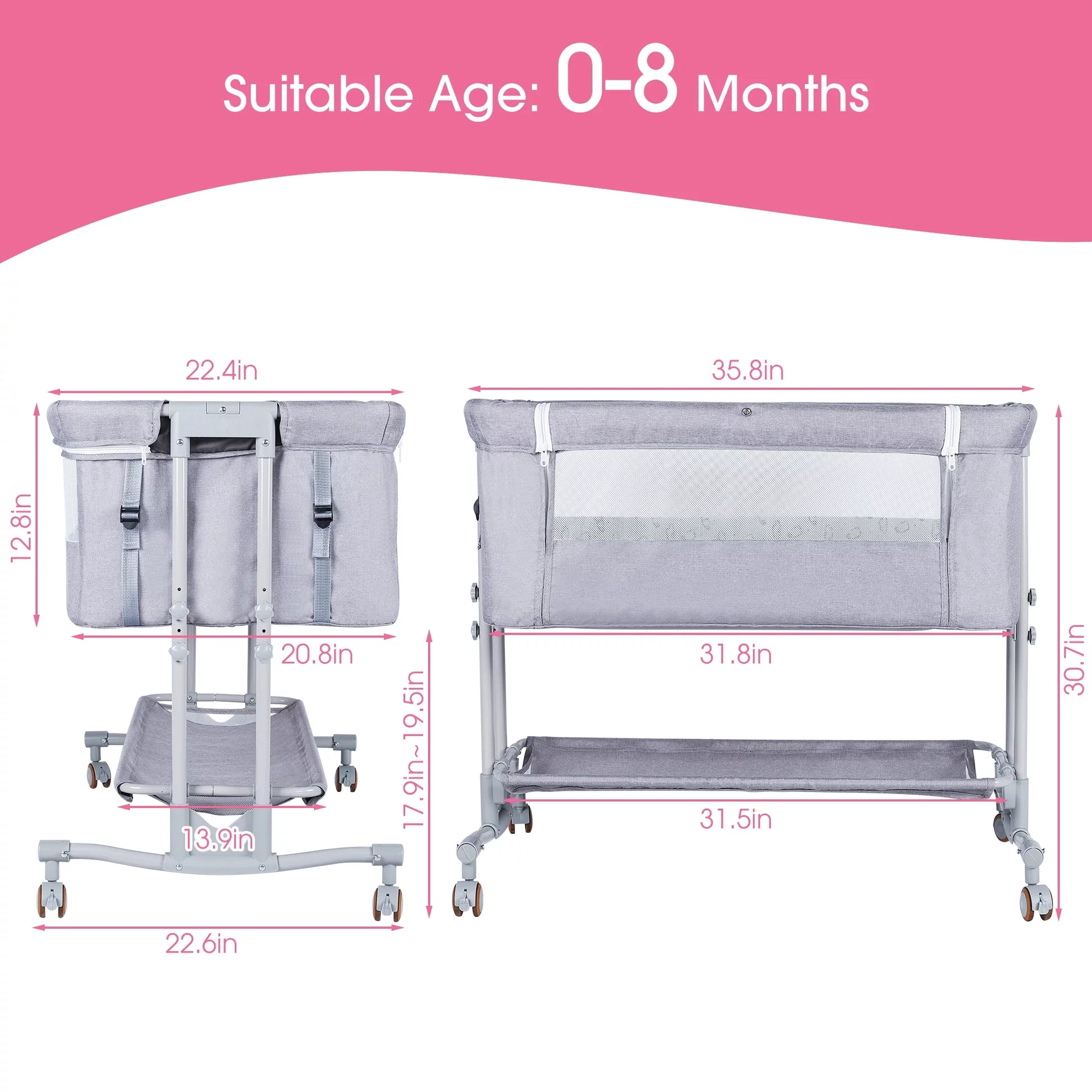 Baby Bassinet Bedside Sleeper Bassinet for 0-6 Months Baby Unisex (Light Grey)