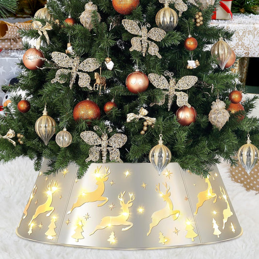 Christmas Tree Collar, 28" Christmas Tree Collars with Lights for Artificial Tree,Reindeer Cutouts Metal Silver Tree Collar for 7.5Ft Tree,Xmas Tree Skirt Base Cover Stand for Holiday Decoration