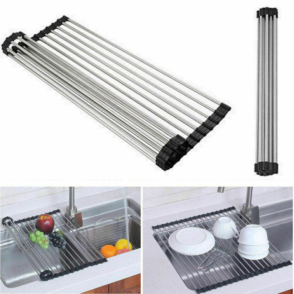 Kitchen Stainless Steel Sink Drain Rack Roll up Dish Drying Drainer Mat