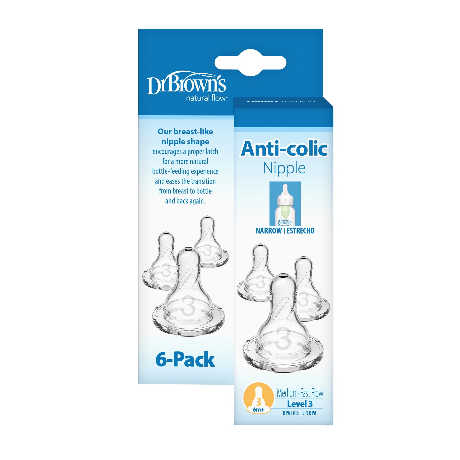 Natural Flow Level 3, Narrow Baby Bottle Nipple, Medium-Fast Flow, 6M+, 100% Silicone, 6 Pack