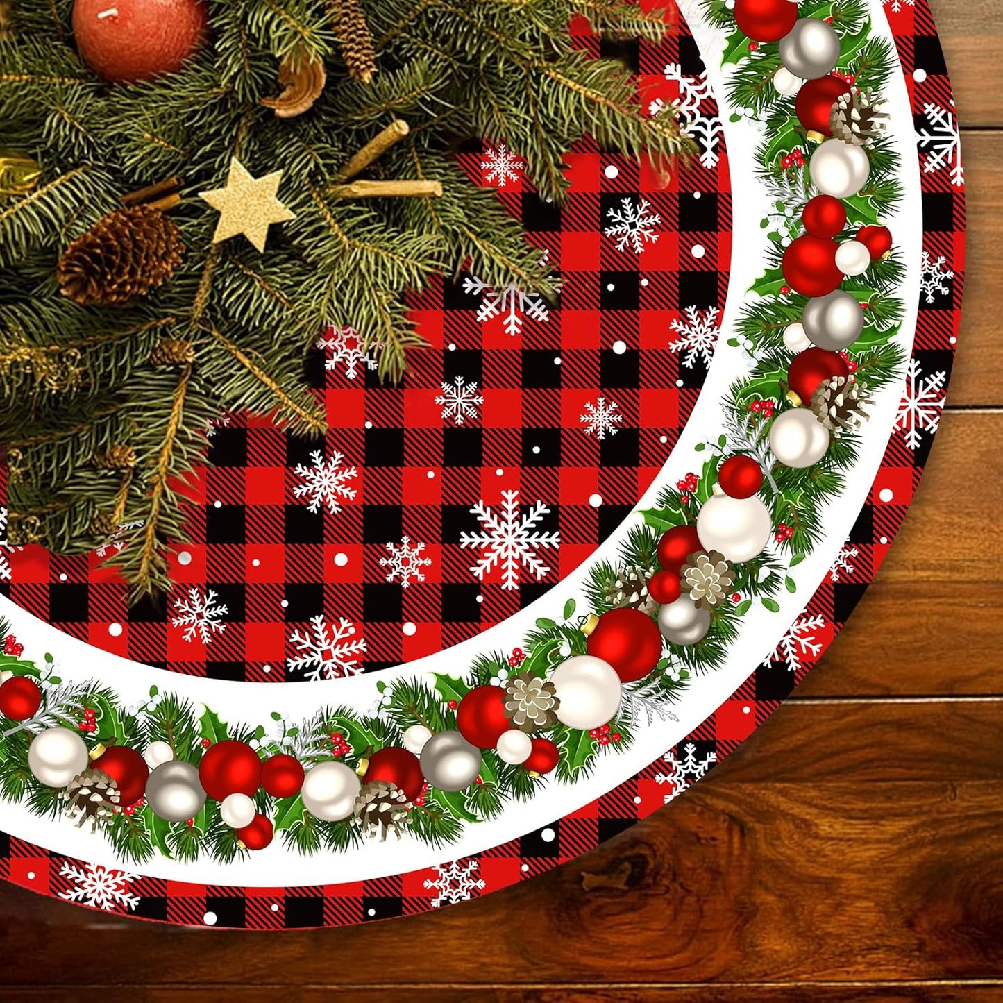 36 Inch Christmas Tree Skirt Red and Black Buffalo Plaid Christmas Tree Skirt,Christmas Tree Skirt Snowflake Bells Decoration, Christmas and New Year'S Eve Holiday Party Outdoor Decoration