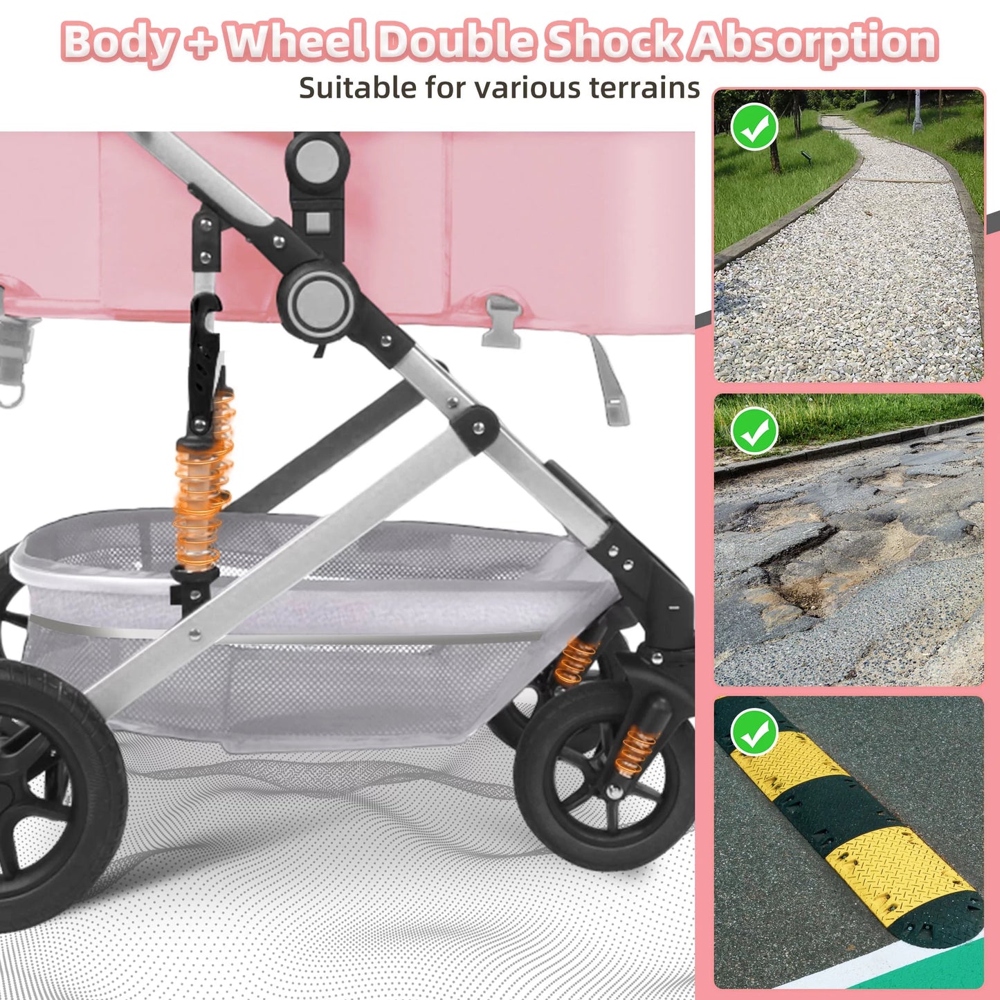Baby Stroller, Foldable Baby Stroller Reversible Bassinet, Travel Stroller for Newborn Baby, Pink