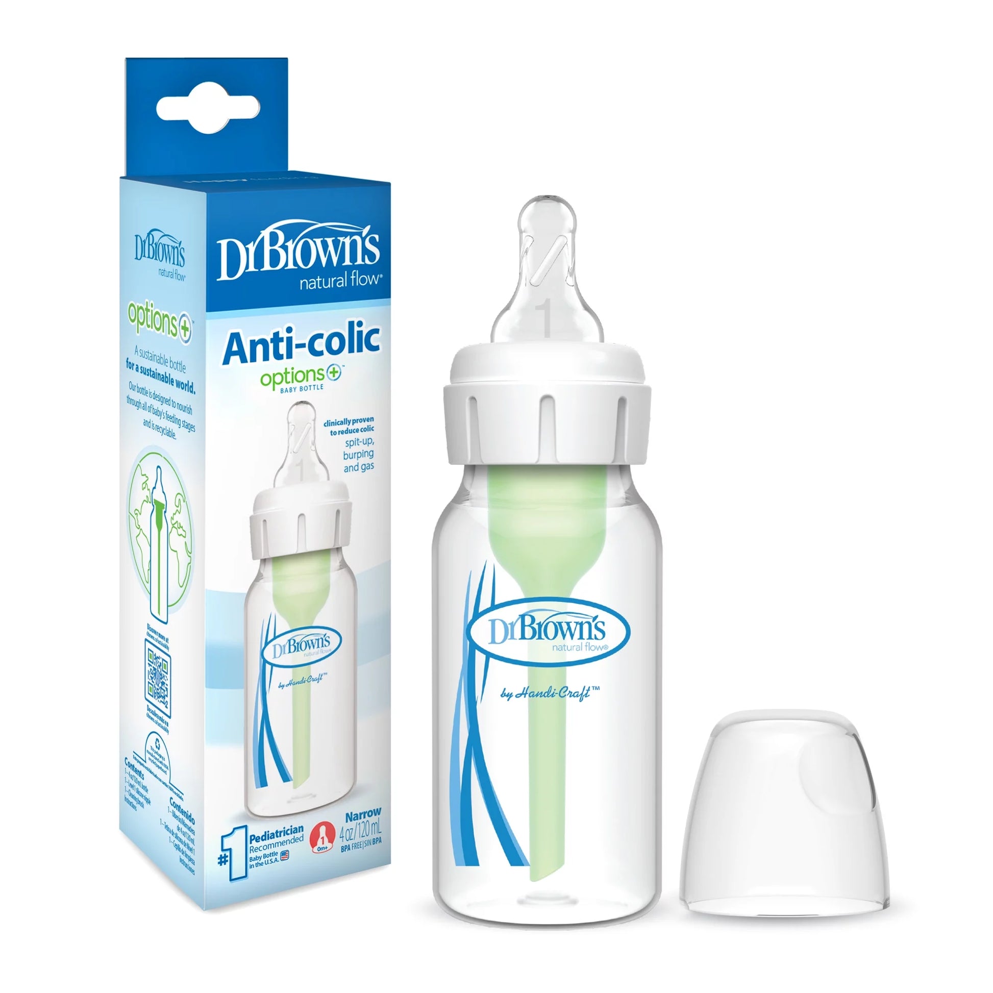 Natural Flow Anti-Colic Options+ Narrow Baby Bottle, 4Oz/120Ml, with Level 1 Slow Flow Nipple, 1-Pack, 0M+