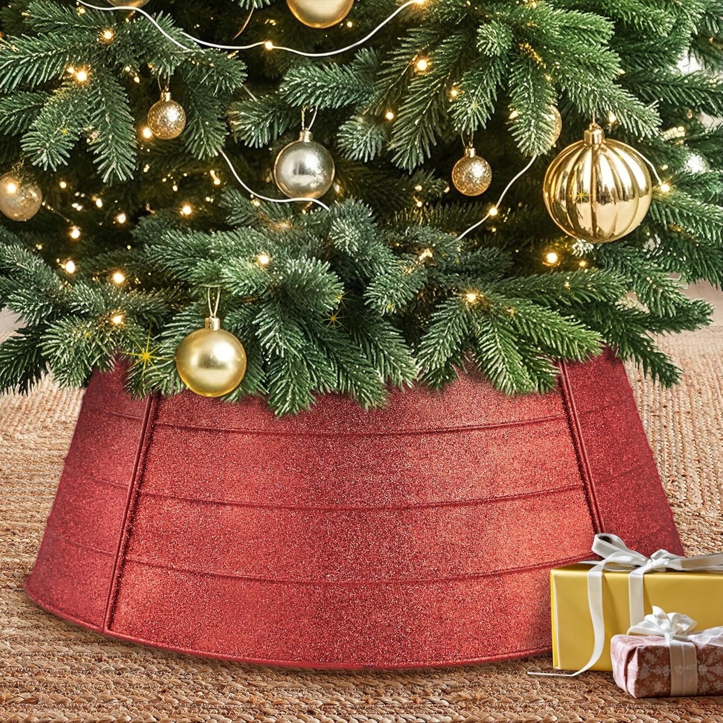 Christmas Tree Collar Xmas Tree Base Christmas Tree Collars for Artificial Trees Xmas Tree Base Cover Tree Skirt for 23 Ft Tree Collar Metal Xmas Tree Ring Christmas Tree Box Stand Gold Hammered