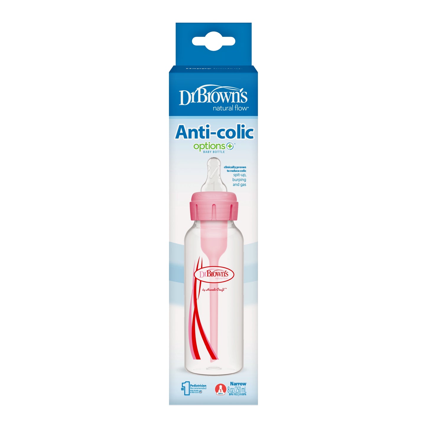 Natural Flow Anti-Colic Options+ Narrow Baby Bottle, 8Oz/250Ml, Level 1 Slow Flow Nipple, 1-Pack, Pink, 0M+