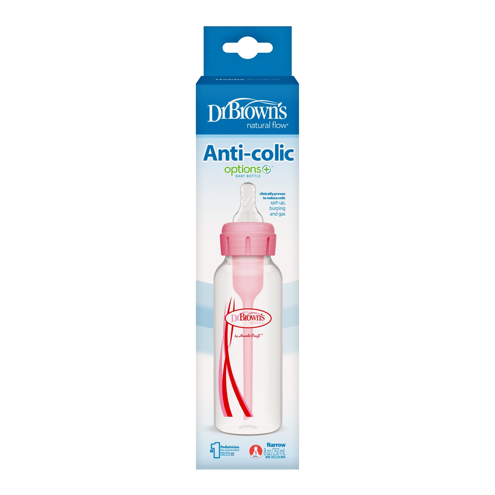 Natural Flow Anti-Colic Options+ Narrow Baby Bottle, 8Oz/250Ml, Level 1 Slow Flow Nipple, 1-Pack, Pink, 0M+