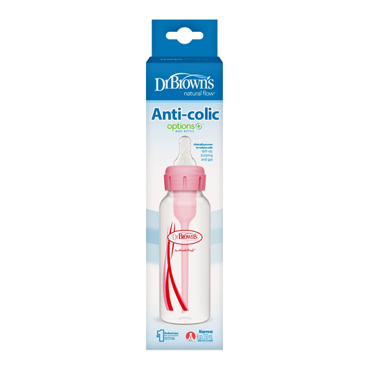 Natural Flow Anti-Colic Options+ Narrow Baby Bottle, 8Oz/250Ml, Level 1 Slow Flow Nipple, 1-Pack, Pink, 0M+