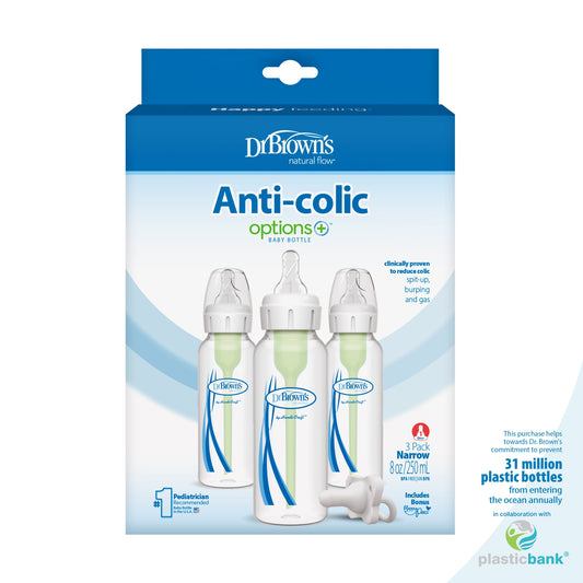 Natural Flow Anti-Colic Options+ Narrow Baby Bottle, 8Oz/250Ml, 3 Pack with Happypaci