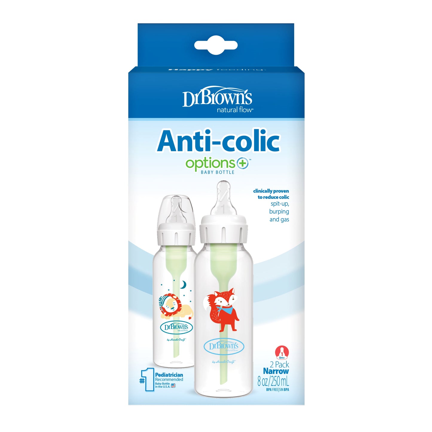 Natural Flow Anti-Colic Options+ Narrow Baby Bottle with Level 1 Slow Flow Nipple, BPA Free, 0M+, 2-Pack