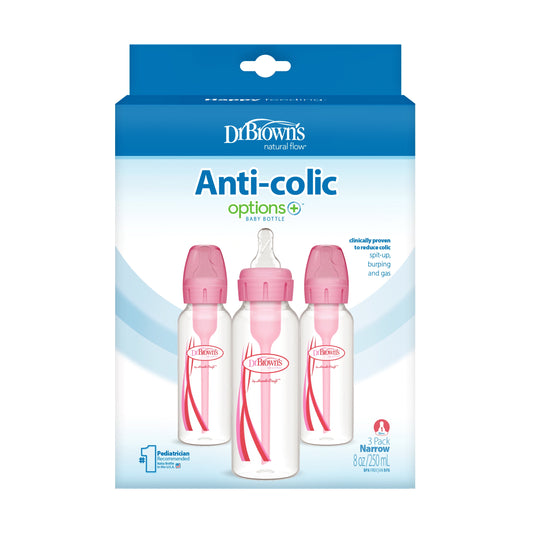 Natural Flow Anti-Colic Options+ Narrow Baby Bottle, 8Oz/250Ml, 0M+, Pink, 3 Pack