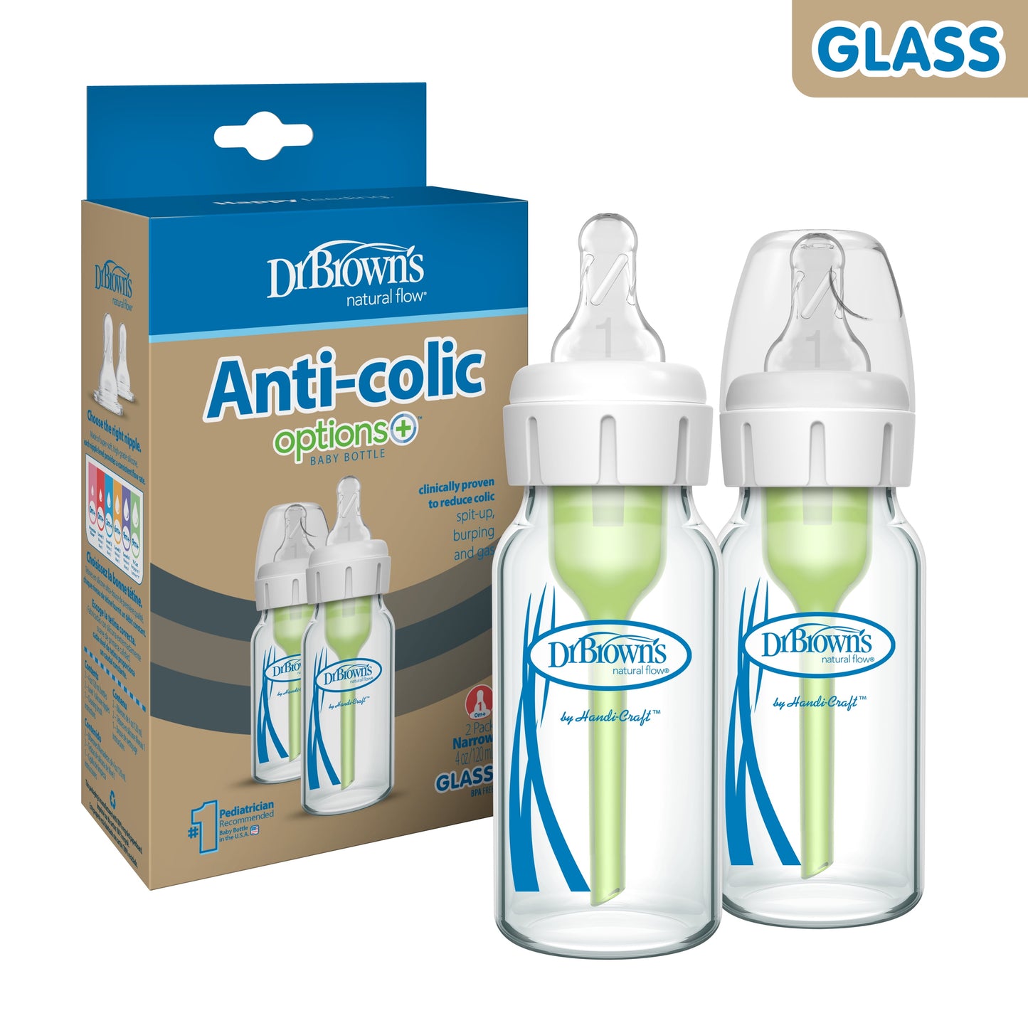 Natural Flow Anti-Colic Options+ Narrow Glass Baby Bottle, 4Oz/120Ml, Level 1 Nipples, 0M+, 2 Pack