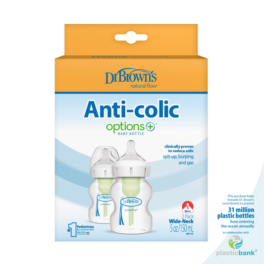 Natural Flow Anti-Colic Options+ Wide-Neck Baby Bottle, 5 Oz/150 Ml, Level 1 Nipple, 2-Pack, 0M+