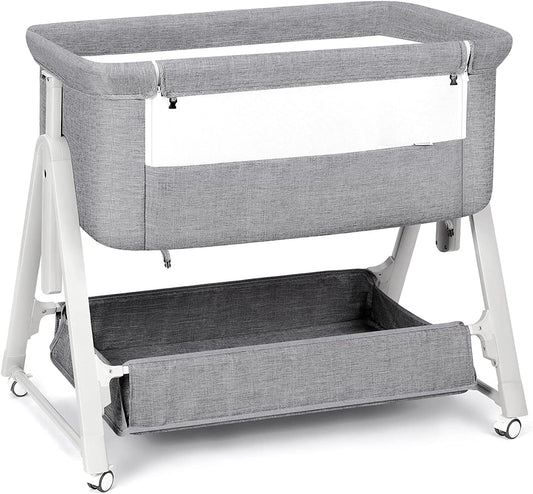 Baby Bassinet Bedside Portable Bassinet W/ Wheels Storage Travel Bag, for 0-6 Months, Gray