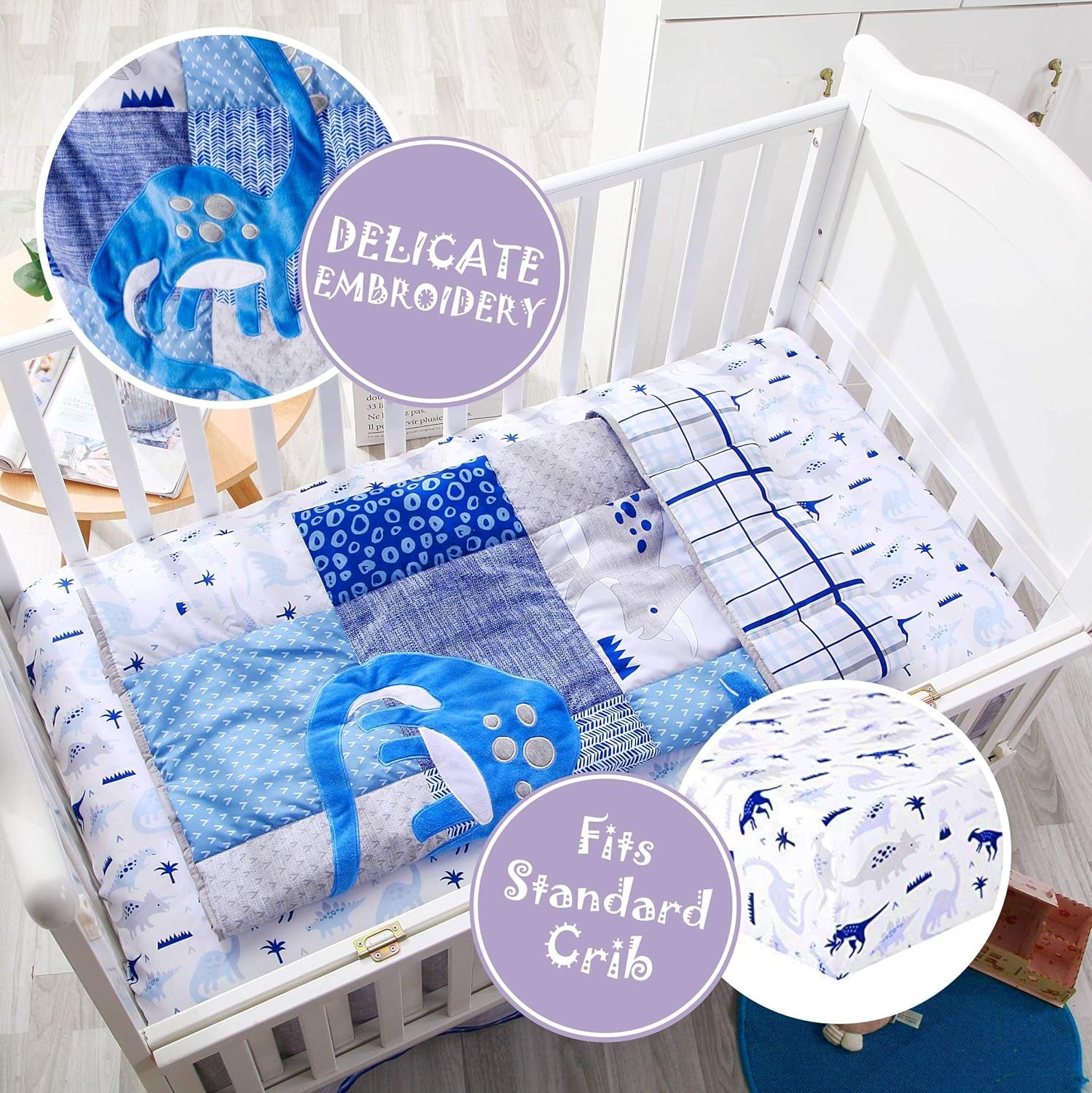 3 Piece Baby Crib Bedding Set, Dinosaur Standard Size Crib Set, Nursery Bedding for Boys, Crib Sheet, Comforter, Crib Skirt, 28" X 52", Blue/Grey