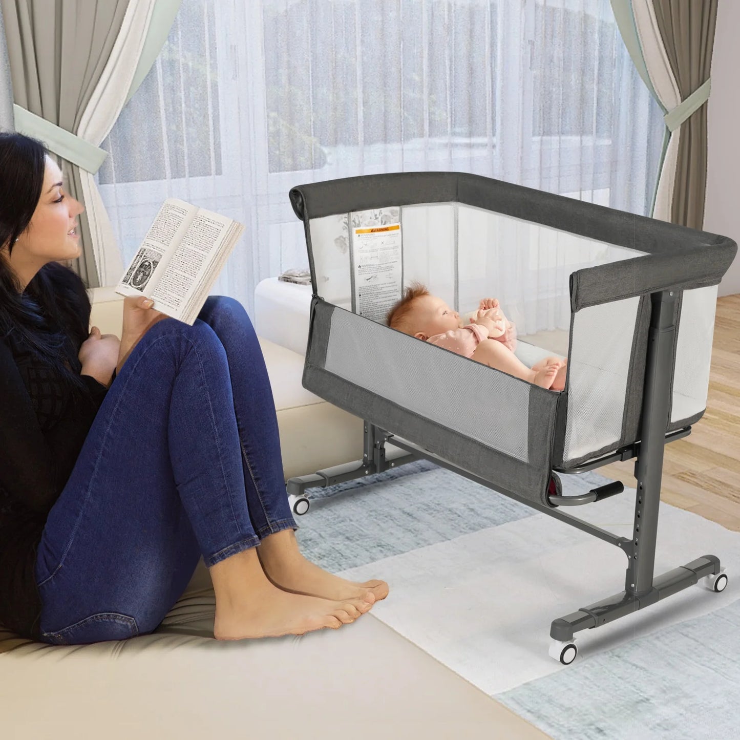 Baby Bassinet with Wheels Adjustable Bedside Sleeper Bassinet Newborn Baby Crib, Grey