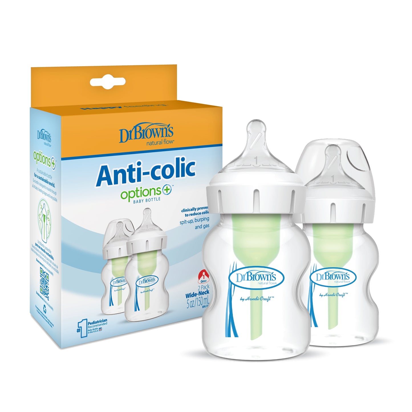 Natural Flow Anti-Colic Options+ Wide-Neck Baby Bottle, 5 Oz/150 Ml, Level 1 Nipple, 2-Pack, 0M+