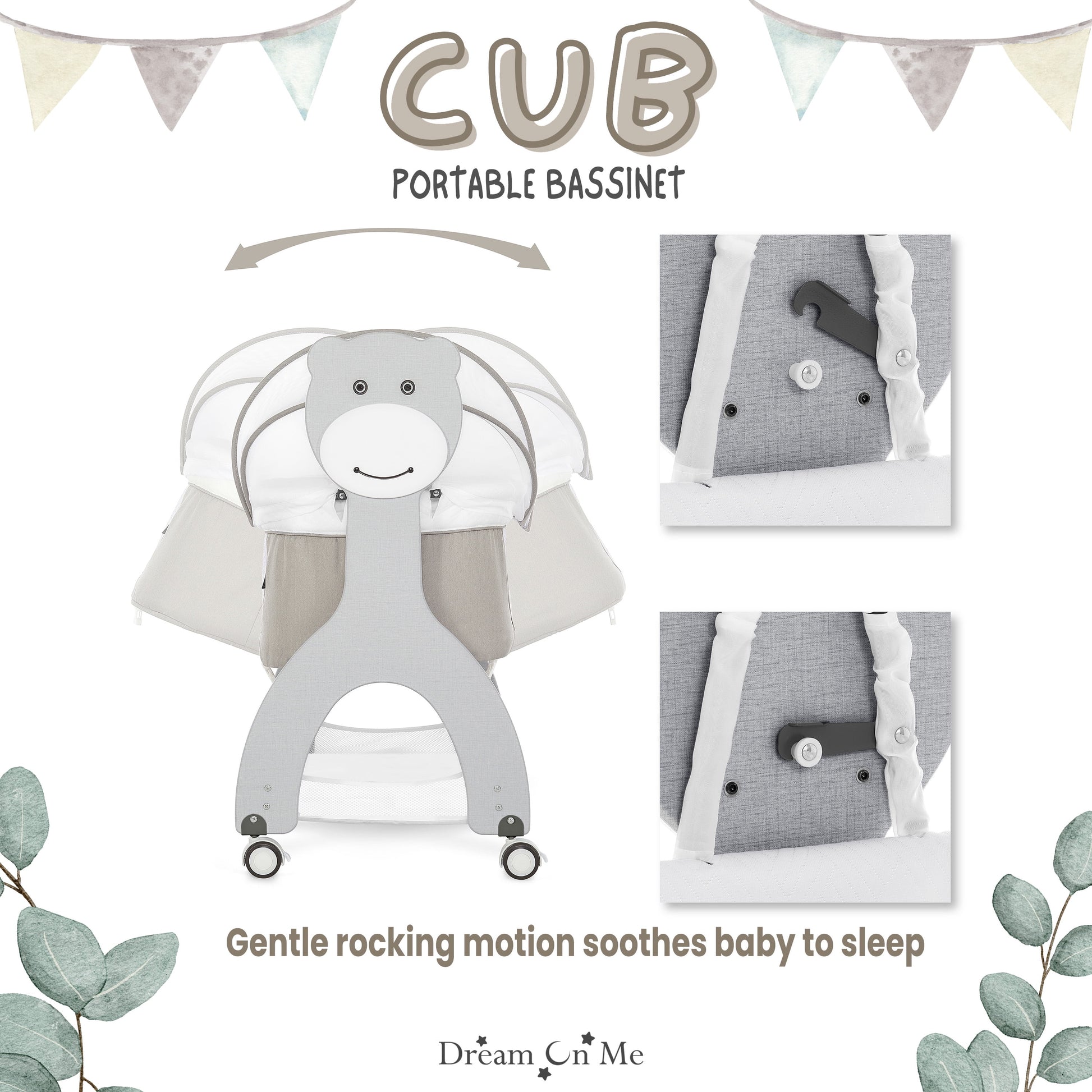 Cub Portable Bassinet in Grey, Multi-Use Baby Bassinet with Locking Wheels