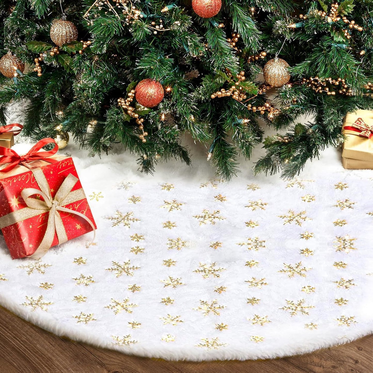 Christmas Tree Skirt 36 Inch, Holiday Part Decorations for Christmas Tree, Whit Plush Gold Sequin Snowflake Tree Shirt for Xmas