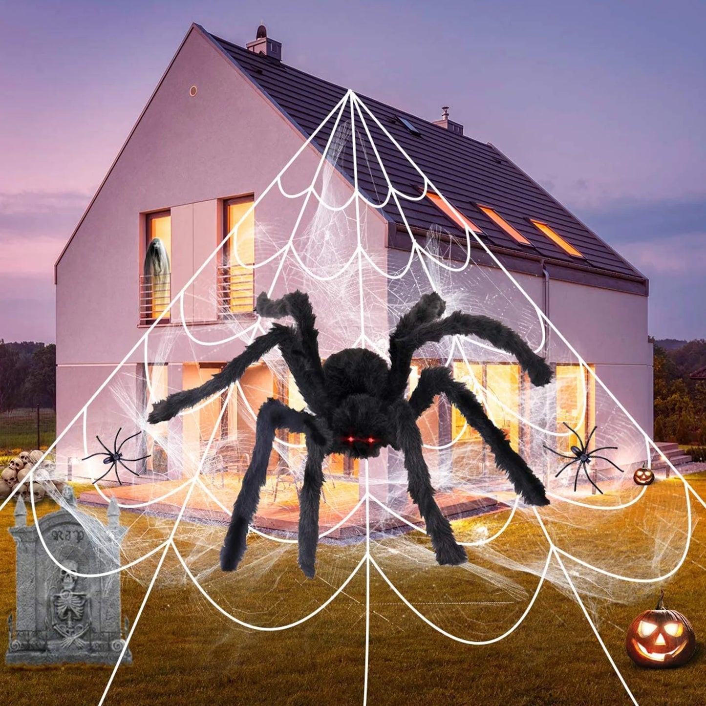 Halloween Decorations Spider Web, 16X16Ft Giant Triangular Spider Web, 120 Small Fake Spiders, 40G Stretch Cobwebs Spider Webs Costumes Halloween Decorations for outside Yard Garden Lawn Party