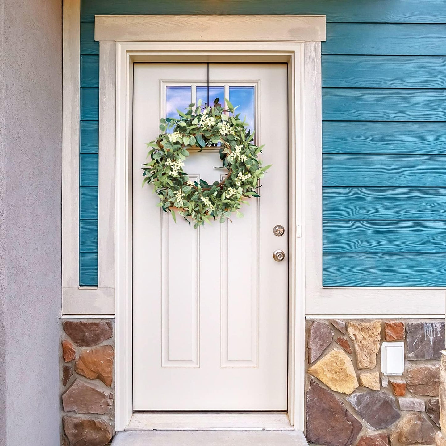 20'' Eucalyptus Wreath for Front Door, Porch, Window - Green Decor for Home, Farmhouse - Spring, Summer, Fall, All Seasons