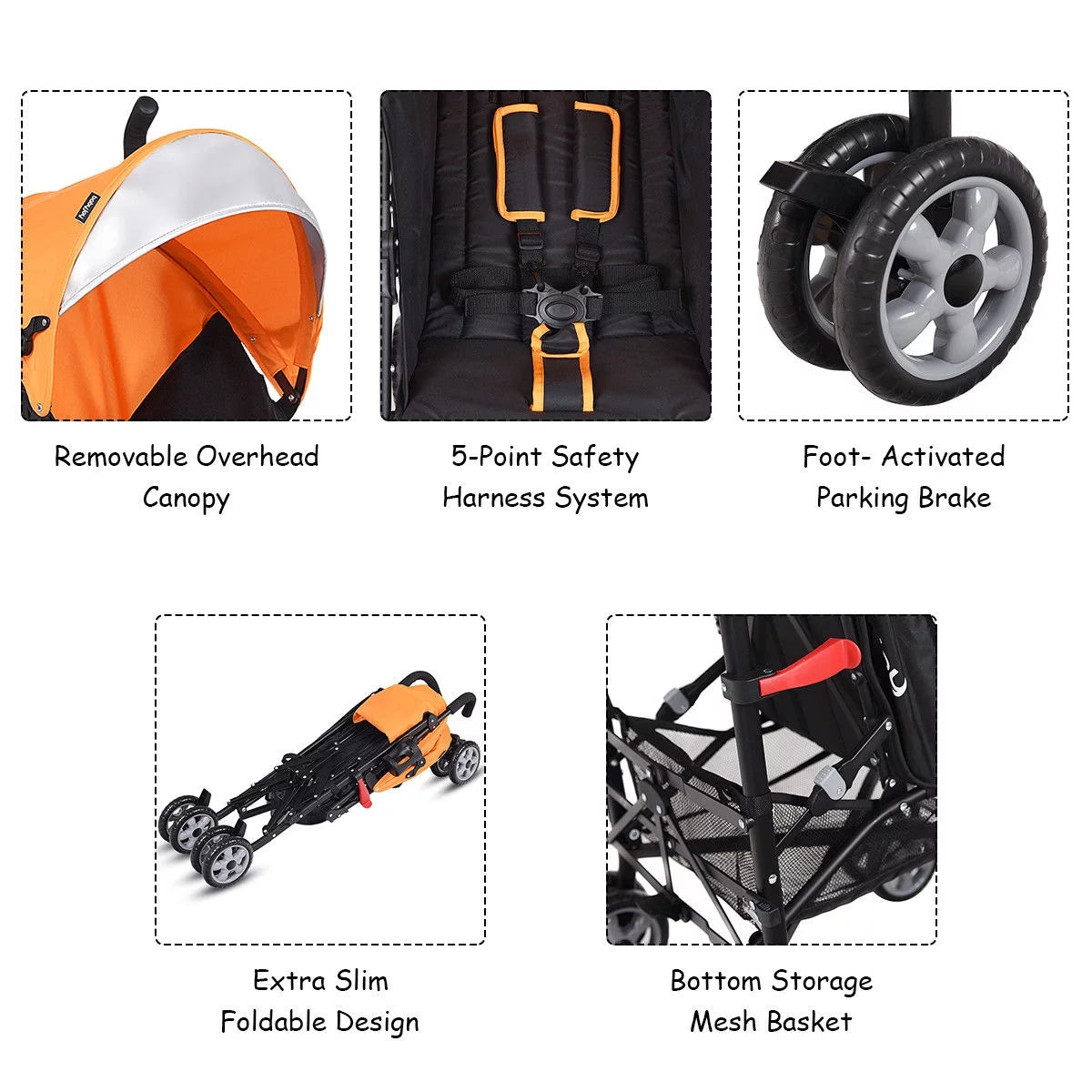 Folding Lightweight Baby Toddler Umbrella Travel Stroller with Storage Basket Orange