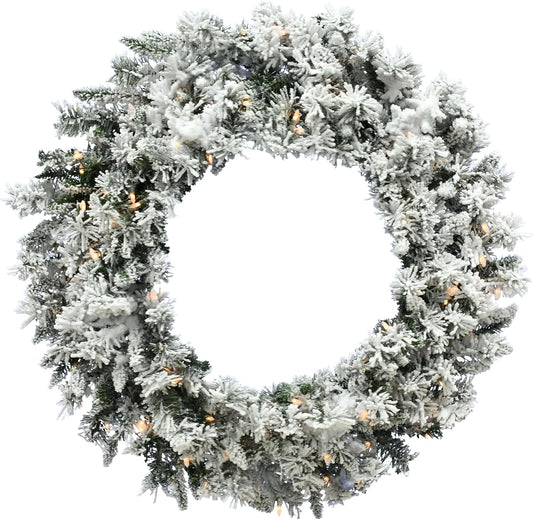 36-In. Mountain Pine Flocked Wreath with LED Lights, Prelit Christmas Decorations for Indoor or Covered Outdoor Display, Battery Operated Hanging Decor for Doors and Fireplace Mantels