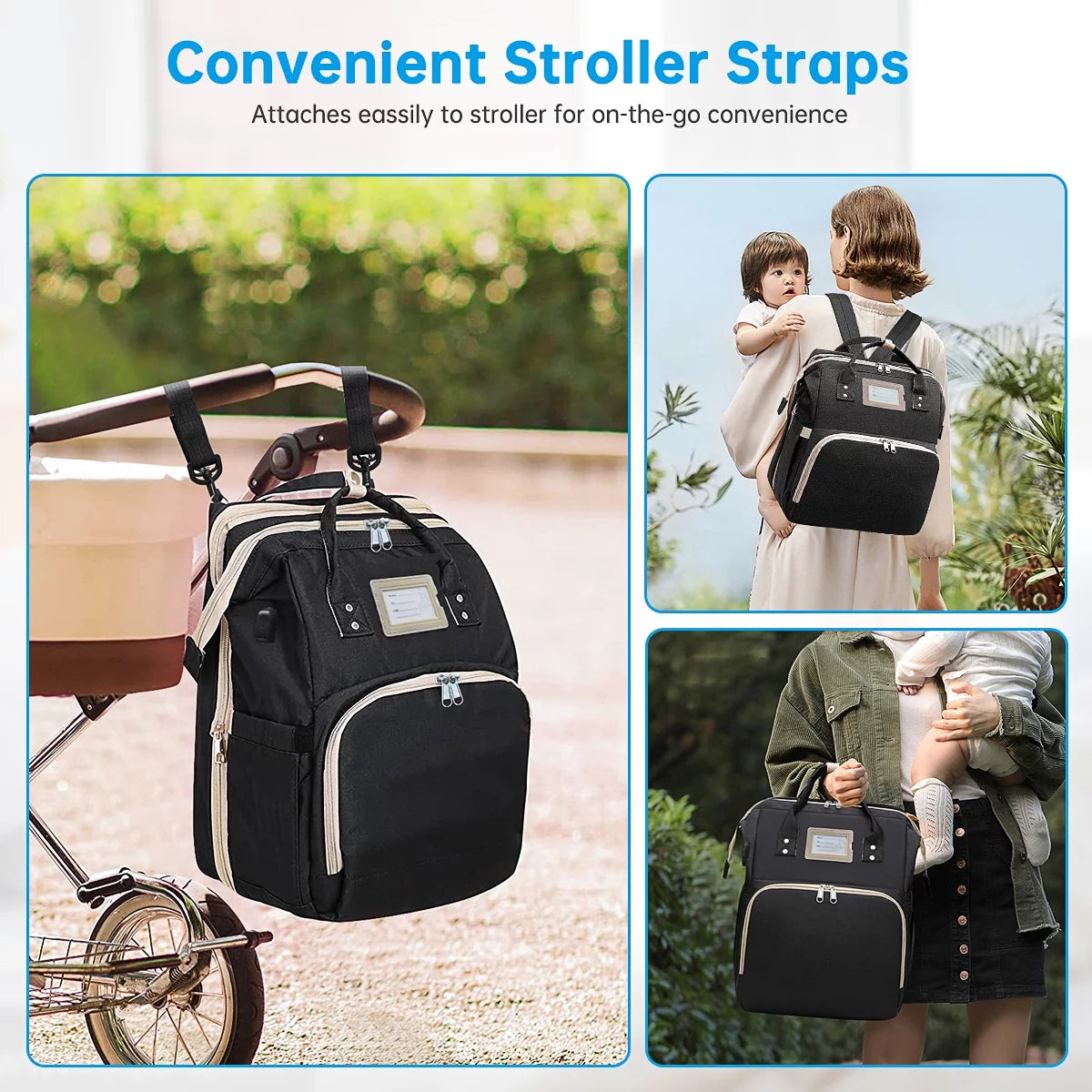 Multifunctional Baby Diaper Bag with Changing Station (Black)