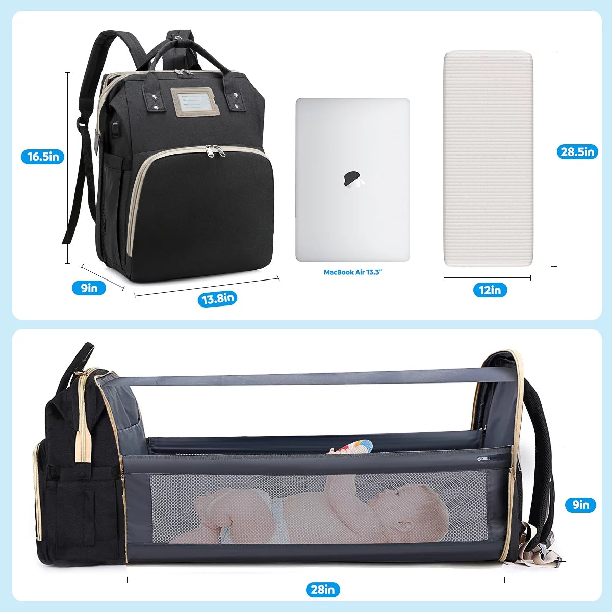 Multifunctional Baby Diaper Bag with Changing Station (Black)
